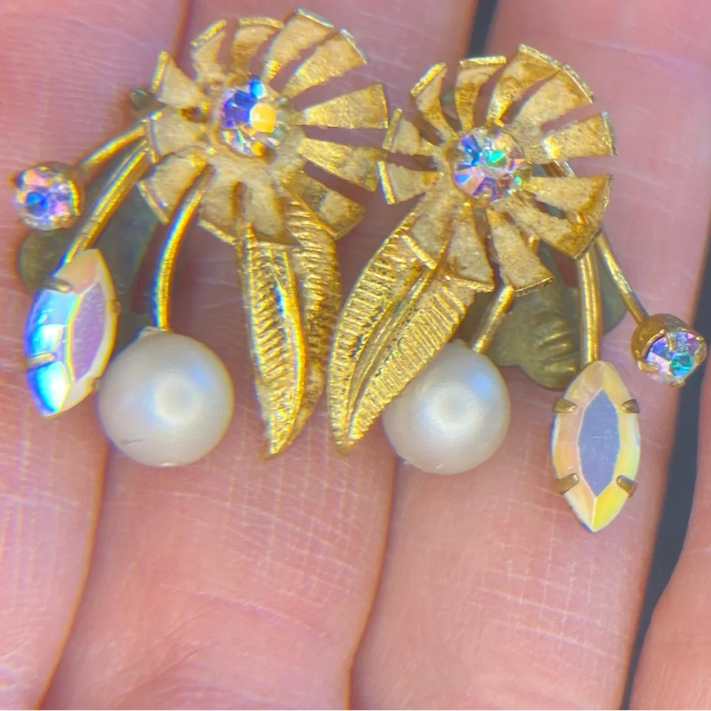 Vintage Austria Gold Tone Clip-on Earrings with Faux Pearl & AB Crystals.